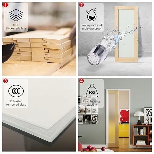 Image of Pocket Door 28 inch x 80 inch, 1-Lite Frosted Glass Pantry Door Panel with Frame and Hardware Kit Set Plus Door Jamb, Single Interior & Closet Door Slab for Sliding Door, No Panel Assembly Required
