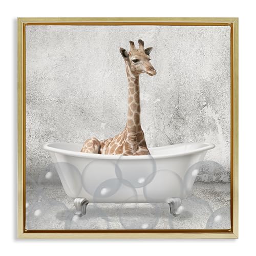 Image of Stupell Industries 'Baby Giraffe Bath Time'| Floating Frame Canvas Art | Stupell Industries | Gold, 18 x 18 Inches, Easy to Hang and Sturdy, Made in USA, by Kim Allen