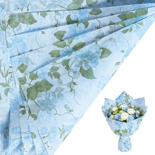 LeZakaa Blue Floral Flower Wrapping Paper, Waterproof Florist Bouquet Wrap, Korean Style Floral Paper for Wedding, Bridal Shower, Mothers Day, 20 x 22 Inches, 10 Sheets