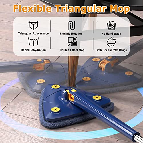 Microfiber Rotatable Adjustable Cleaning Mop, 51-Inch Long Handle 360° Triangle Baseboard Wall Cleaner With Extension Pole 43" To 51", 6 Reusable Washable Mop Pads, Wet Dry For Ceiling，Floor，Wall Etc #TOP1