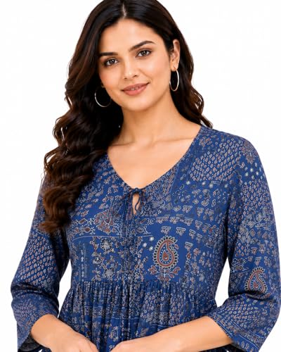 Image of ATTEM Women's Pure Cotton Printed Top | Casual Western Tunic for Women | 3 /4 Sleeve V-Neck Tie-Up Regular Fit Top | Office Wear