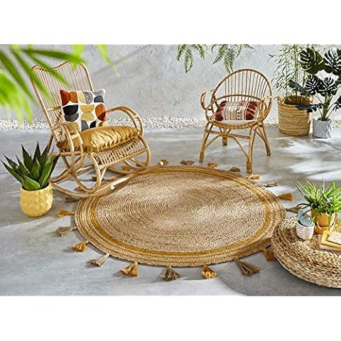 LordOfRugs - Lunara Jute Circle Istanbul Round Outdoor & Indoor Orange, Yellow Ochre and Grey Tasseled Rug in 150 x 150 cm (5x5') (Ochre, 150 x 150 cm (5x5') Circle) Cover