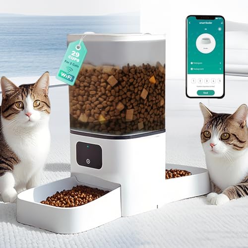 PRRPRR Dual Automatic Cat Feeder for 2 Cats,6L Food Dispenser Auto Cat Feeder with 2 Stainless Bowls,5G/2.4G WiFi Pet Feeder,Easy APP Operation,Detachable for Easy Cleaning