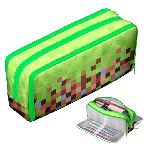 pqonmsd Large Capacity Pencil Case 3 Compartments Oxford Fabric Pencil Pouch Brown-Green Pixel Block Pattern Stationery Organizer for Kids Teens School