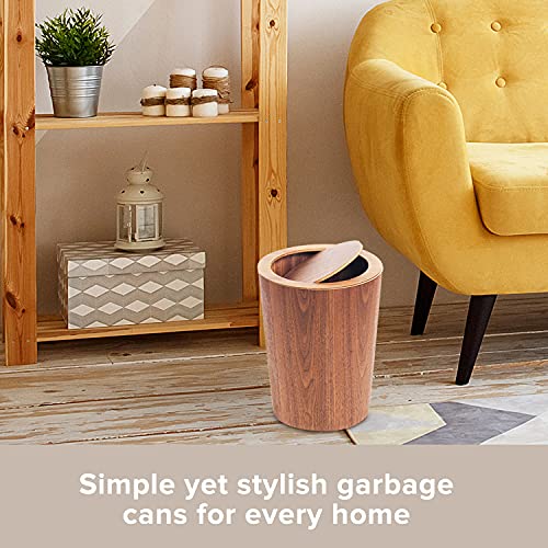 Image of Modern Round Trash Can with Lid - Wood Grain Waste Basket in Walnut - 9.25 inchx7.5 inchx11.8 inch Swing Top Small Trash Can - Decorative Small Garbage Can for Bedroom, Living Room, Office & Bathroom