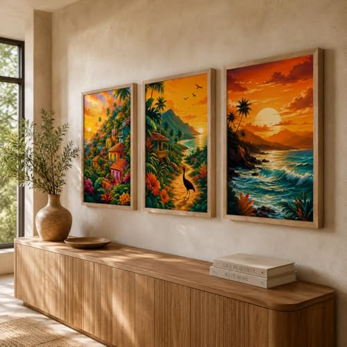 Image of Livin'luxe Set of 3 Tropical Sunset Landscape Wall Paintings for Living Room Dining Bedroom Home Decor with Premium Wooden Color Synthetic Frame (25.5 x 19.5 Inch) NM03-75