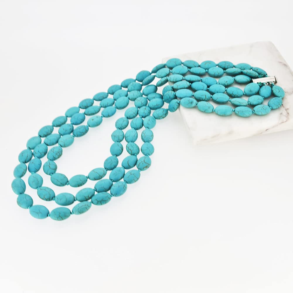 Treasure Bay Handgefertigte dreireihige Türkis-Edelstein-Perlen-Halskette, Geschenk für Mutter, Ehefrau, Weihnachten, Geburtstagsgeschenk für Damen (Blau-Türkis)