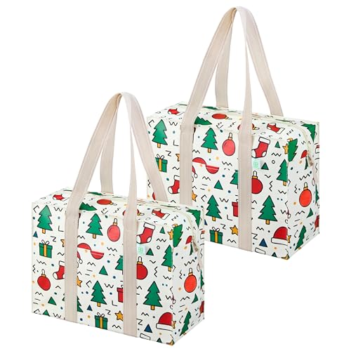 VENO 2 Pack Reusable Grocery Bags with Zipper Heavy Duty Utility Tote with Hard Bottom Foldable Water-Resistant Shopping Bags for Summer Beach Pool Picnic & Family Travel (Jingle Mix)