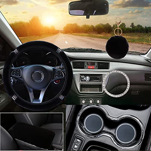 6 Pcs Fluffy Steering Wheel Cover Set for Women,STEVE YIWU Rhinestone Steering Wheel Covers with Car Armrest Cushion Crystal Car Coasters Car Ring Emblem Sticker Fluffy Car Decoration Accessories