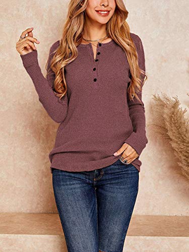 Womens Waffle Knit Tunic Tops Long Sleeve Button Up V Neck Henley Shirts Red L