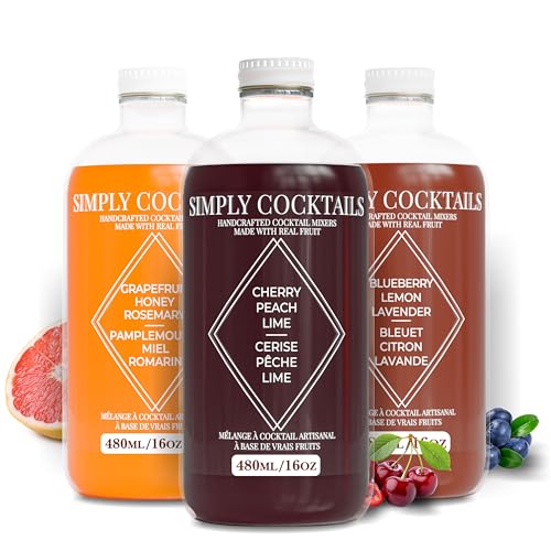 Simply Cocktails Cocktail & Mocktail Mixer Kit | Cherry Peach Lime, Blueberry Lavender & Grapefruit Honey Rosemary | Made with Real Fruit & Fresh Citrus | Low Sugar, Low Carb Drink Mixers | 16oz (Pack of 3)