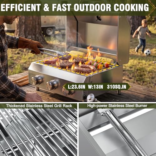Image of Bestfire 3-Burner Tabletop Gas Grill, Dual Connections, 30,000 BTU Portable Propane Grill, Knobs&Stainless Steel Grates, Compact & Detachable Legs for Camping, RV, BBQ