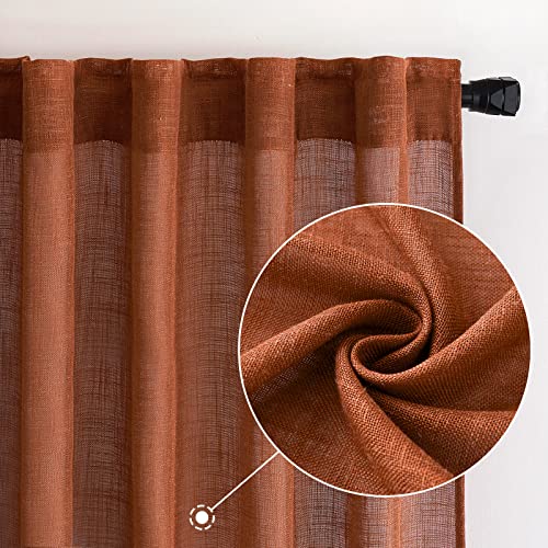 MIULEE Burnt Orange Linen Curtains 120 Inches Long for Living Room, Soft Thick Linen Textured Window Drapes Terracotta Rust Fall Decor Semi Sheer Light Filtering Rod Pocket Back Tab, 2 Panels 10 Ft