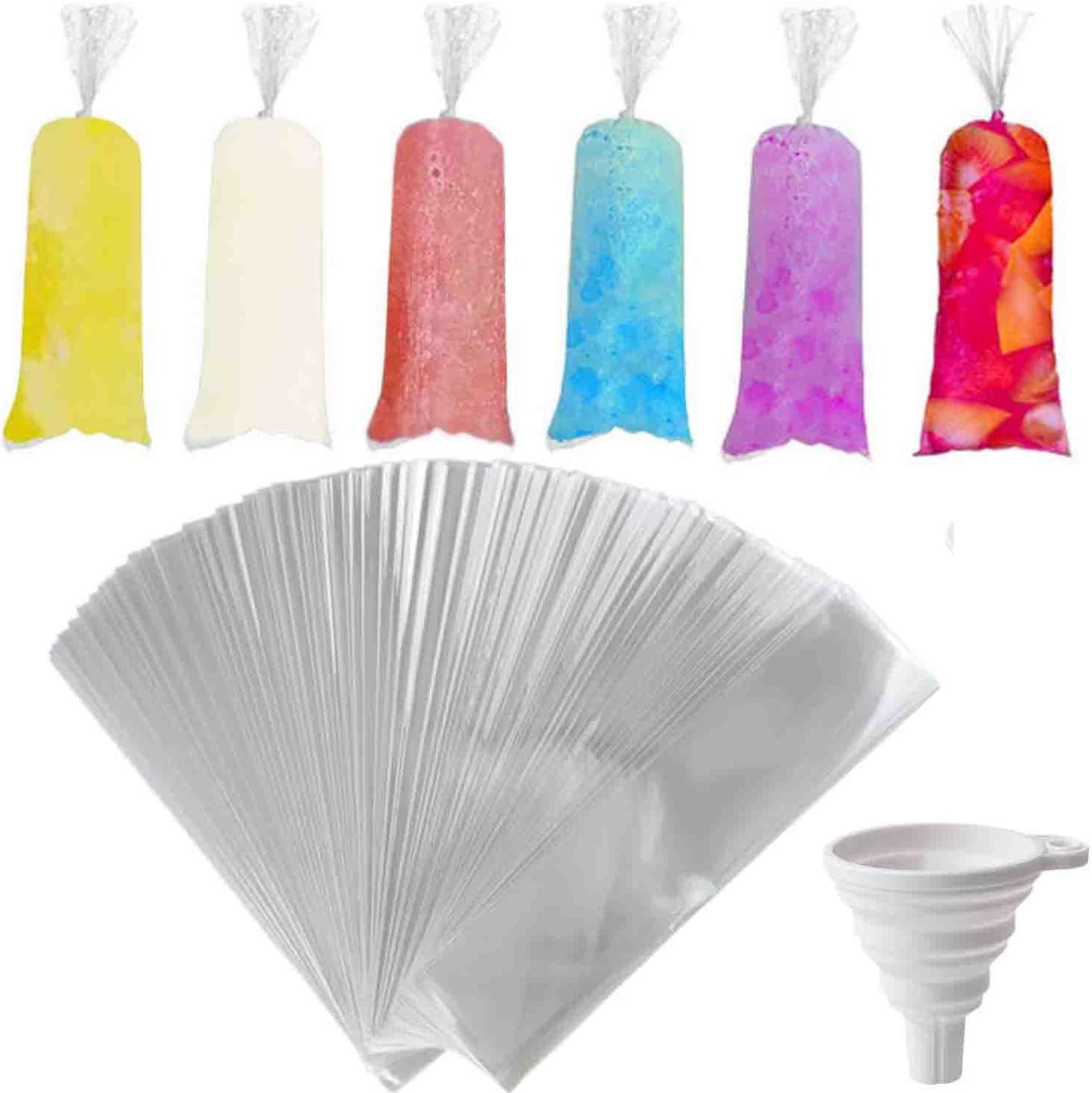 250 Pcs Disposable Ice Lolly Molds – Plastic Freeze Pop Bags with Silicone Funnel for Homemade Yogurt and Candy (2 x 12 Inch)