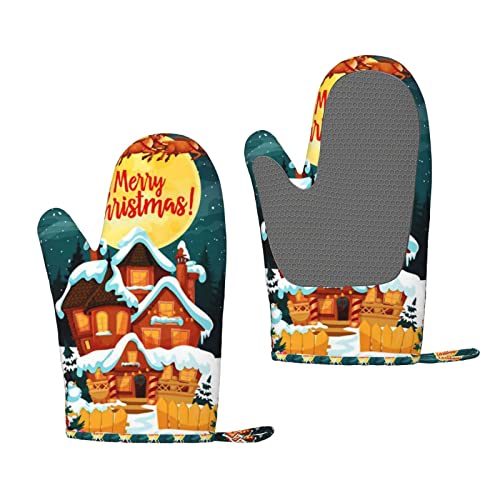 Santa Claus In Reindeer Sleighs Printed Silicone Oven Mitts Heat Resistant Non-Slip Oven Gloves Set Of 2 For Kitchen Baking, Grilling #TOP3