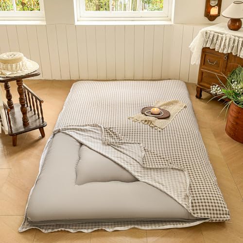 Tan Gingham Japanese Floor Mattress Futon Cover Queen, Checked Plaid Japanese Tatami Mattress Cover,Grid Guest Sleeping Mat for Floor (Tan Gingham, Queen)