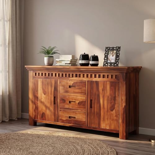 Image of SHIKHA WOOD CRAFT Solid Sheesham Wood Sideboard Cabinet with 2 Doors and 3 Drawers | Wooden Kitchen Cabinet, Crockery Unit, Dining Room Organizer, Living Room Storage Furniture (Kuber Honey Finish)
