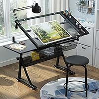 Height Adjustable Artists' Drafting Table with Stool - Perfect Work Station for Artists - Tempered Glass Top, 2 Drawers - Tiltable Draft Desk for Reading, Drawing, Writing - by Drafting Tables