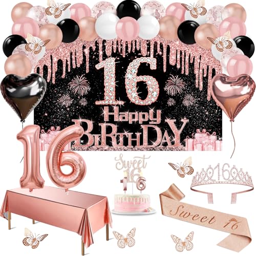 16th Birthday Decorations for Girls 49pcs Black Rose Gold Black Happy 16th Birthday Banner Tablecloth Butterfly Decor Sash and Tiara Cake Topper Candles Balloons Arch