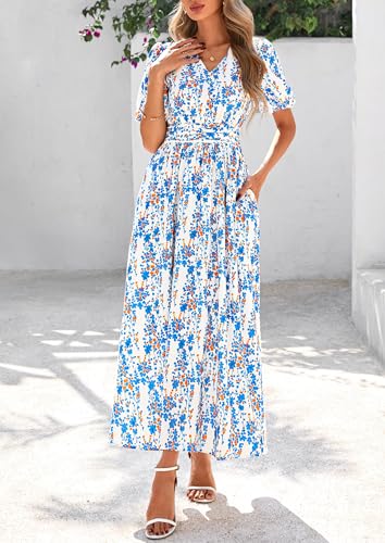 Image of PRETTYGARDEN Womes Boho Maxi Dresses 2026 Summer Spring V Neck Puff Sleeve Empire Waist A Line Flowy Long Beach Floral Dress