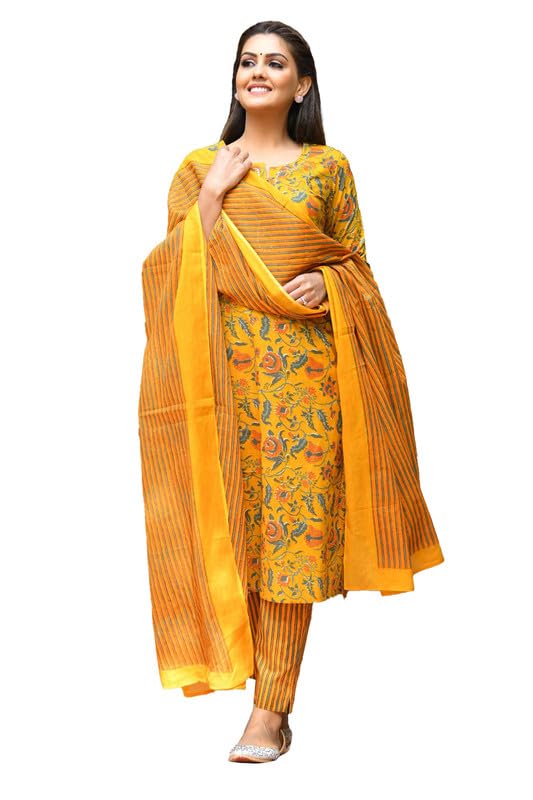 symple Women's Cotton Straight Kurta with Pant & Dupatta | Stylish Ethnic Kurta and Palazzo Set | Floral Printed 3/4 Sleeves Round Neck Regular Fit Salwar Suit for Daily & Casual Wear-picture-35