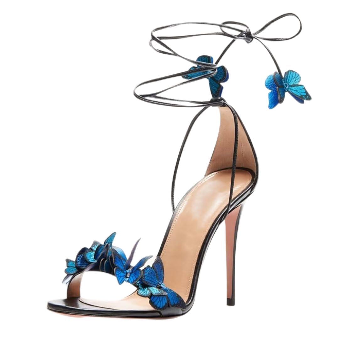 Sandali da donna con tacco a spillo con avvolgente alla caviglia a forma di farfalla, punta aperta, scamosciati, con lacci, eleganti, con tacco alto, per matrimonio e feste, nero, 40 EU
