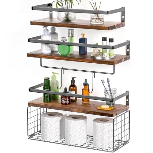 WOCOPIA 3+4 Bathroom Shelves Wall Mounted Over Toilet with Towel Bar Rack & Toilet Paper Storage Basket & Hooks, Hanging Floating Shelves Bathroom for Wall Decor, Bathroom Organizers and Storage Brown