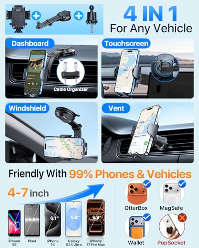 Image of HTU Upgraded Strongest Suction Car Phone Holder Bendable Arm, Never Block View Rotatable Cellphone Mount for Dashboard Windshield Vent, Cradle Stand for iPhone 17 16 15 14 13 12 Pro Max (Black)
