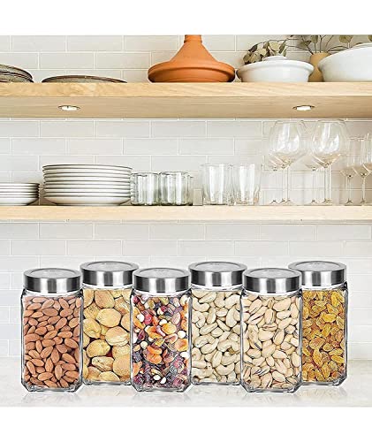 Image of PRAMUKH FASHION Glass Square Shape Transparent Glass Jars & Glass containers for kitchen Pantry, Snacks, Masala, Pickles, Dry Fruits, Coffee Beans Storage Steel See Through Lid (2, 1000 ML CUBE JAR)