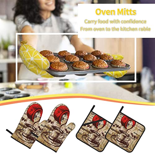 Yiftd Oven Mitts And Pot Holders 4Pcs Set Vintage Waterproof Oven Glove Kitchen Gloves And Hot Pads Waterproof Cooking Gloves For Bbq Baking Grilling #TOP6