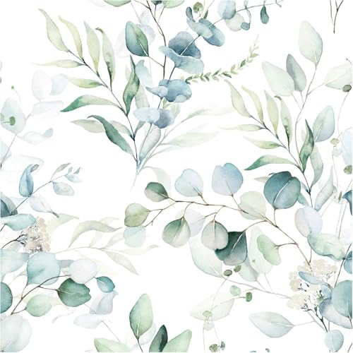 Image of ELTON Waterproof Peel and Stick Floral Wallpaper, Self-Adhesive Vinyl Wall Covering for Bedroom, Living Room Bathroom Cabinet, Countertop (45 x 600 cms, Green Eucalyptus Leaf Pattern)