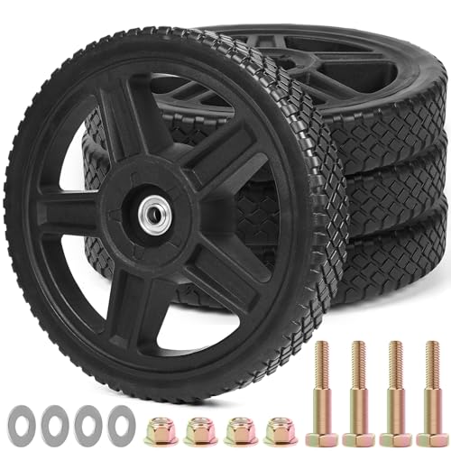 12 Inch Lawn Mower Wheels Kits Universal 12" Push Mower Wheels with 1/2" Bearing, Bolts & Nuts, Plastic Replacement Tires for Most Standard Garden Tiller, Pressure Washer, Handtruck, 4 Pack