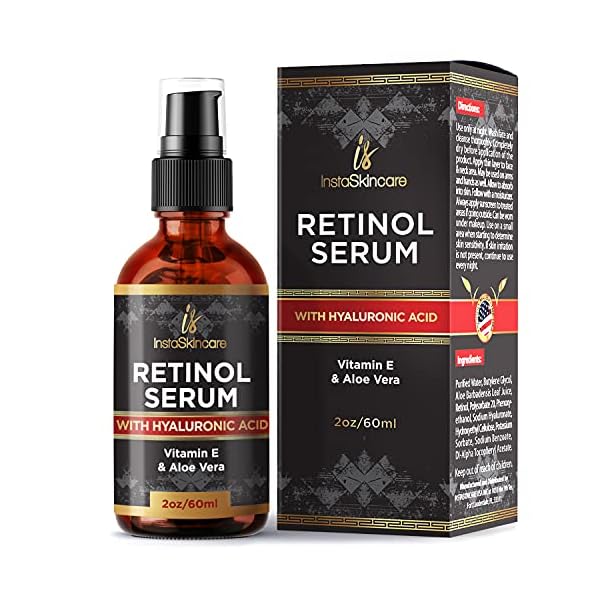 Retinol-serum-for-face-2oz-with-Hyaluronic-Acid-Vitamin-A-and-E-Aloe-Vera-Anti-aging-moisturizer-Fade-Dark-Spots-Clinical-Strength-Formula-by-InstaSkinCare InstaSkincare DOUBLE SIZED (2Oz) Retinol Serum for Face with Hyaluronic Acid + Vitamin E and A + Aloe Vera Anti-Aging Serum Pore Tightener Fade Dark Spots Clinical Strength Formula