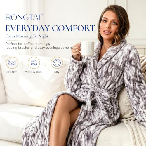 Image of RONGTAI Womens Bathrobe Ladies Fleece Plush Warm Long Robes Fleece Nightgown Sleepwear