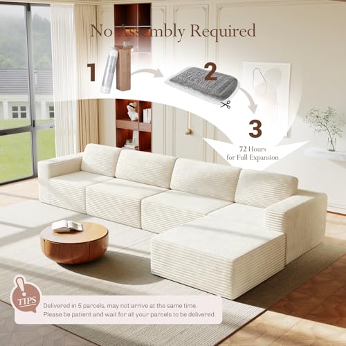 Image of Vesgantti 159 inch Large Modular Sectional Sofa, L-Shaped Corduroy Cloud Couch with Deep Seats & Spring Support, 4-Seater Boneless Sofa with Movable Ottoman, No Assembly Needed, Beige