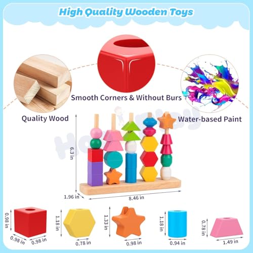 Image of Hop N Play Wooden Beads Sequencing Toy Set | Montessori Lacing & Stacking Toy for Kids 2-5 | Color & Shape Matching Beads Game for Kids | 22 Pcs Blocks and 10 pcs Cards