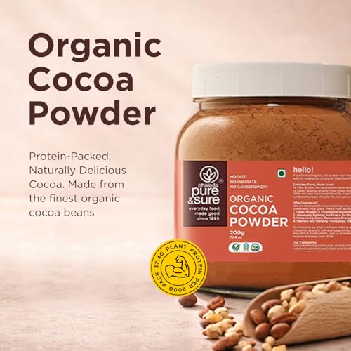 Image of Pure & Sure Organic Cocoa Powder 200G | 100% Pure & Natural with 18.7g Protein| Unsweetened & Dark Flavor | Ideal for Cake, Baking, Hot Chocolate, Milkshake & More
