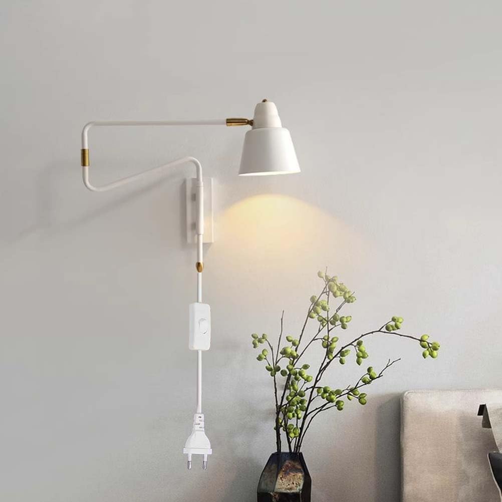 AoLa Schwenkarm Wandleuchte Verstellbar Metall Arm Wandlampe mit Schalter und Stecker Industrial Nachttischlampe Drehbare mit Kabel Langer Arm Leselampen Innen Wandspot E27 Fassung,Weiß