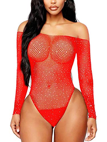 FasiCat Lingerie feminina sexy de renda flexível arrastão, body de malha, Vermelho, One Size