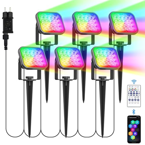 NATPOW Gartenbeleuchtung mit Strom, 6 Stück RGB Gartenleuchte mit Erdspieß, Farbwechsel Gartenstrahler mit Fernbedienung Bluetooth APP, IP65 dekoratives Gartenlampe für Garten Rasen Pfad Außen