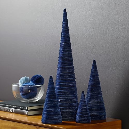 Image of Your Heart's Content Velvet Trees Set of 4 Navy, Handcrafted Blue Valentine Tree Tabletop, Winter Wedding Centerpiece, Office Bookshelf, Cozy Gift for (Navy)