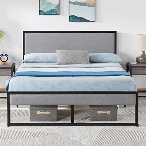 Yaheetech Metal Platform Bed Frame With Linen Upholstered Headboard And Footboard Mattress Foundation With Strong Steel Slats No Box Spring Needed Easy Assembly Gray Queen Size #TOP2