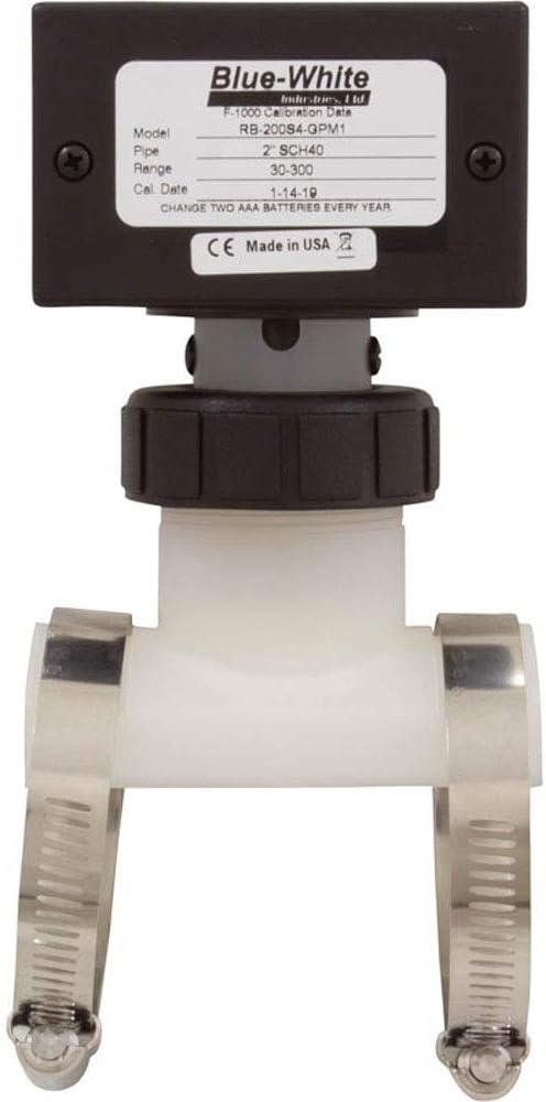 Rear view of the Blue-White F-1000 Digital Flow Meter, showing the product label with specifications and battery information.