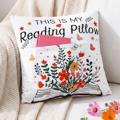 CrystalSylara 18 x 18 Inch This is My Reading Pillow Classroom Reading Corner Pocket Pillow with Flower Bookish Gifts Cozy Corner for Book Lovers Bookworm Librarian Gifts for Office Sofa Couch