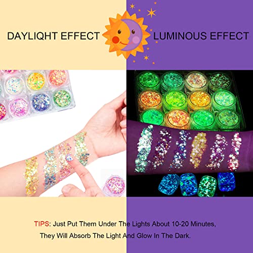 15 Colors Glow In The Dark Face Body Glitter Gel, Holographic Iridescent Chunky Glitter For Women, Uv Black Light Glitter For Body/Face/Hair/Eyeshadow/Nail, Glitter Makeup For Carnival Party (Set B) #TOP2