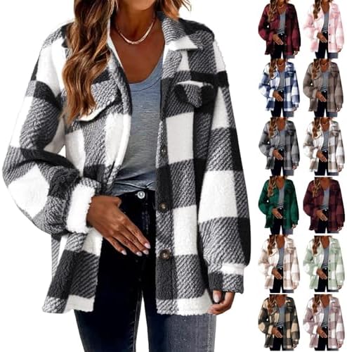 Women Plaid Sherpa Jacket Checkered Long Sleeve Button Down Fuzzy Fleece Coats Soft Warm Fall Winter Shackets