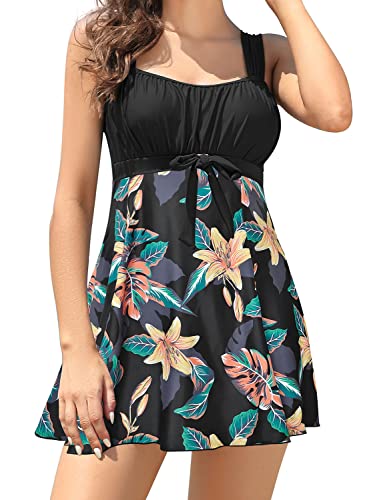 Shekini Women's Retro Ruched One Piece Swimdress Floral Skirtini 1 Piece Swimsuit Bathing Suit (Black Printed, X-Large) #TOP27