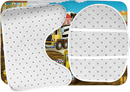 3-teiliges Badteppich-Set, Cartoon-Szene mit verschiedenen Baustellenfahrzeugen, waschbare Badteppiche, rutschfest, mit Rückenpolster, Konturteppich und Toilettendeckelbezug – Bild 6