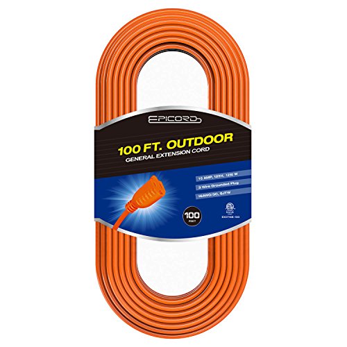 Epicord 16/3 Vinyl Outdoor Long Extension Cord 3 Prong Heavy Duty for Indoor and Outdoor (100 Feet Orange)