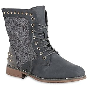 stiefelparadies Gefütterte Schnürstiefeletten Damen Schuhe Stiefeletten Spitze Nieten 151201 Grau 37 Flandell